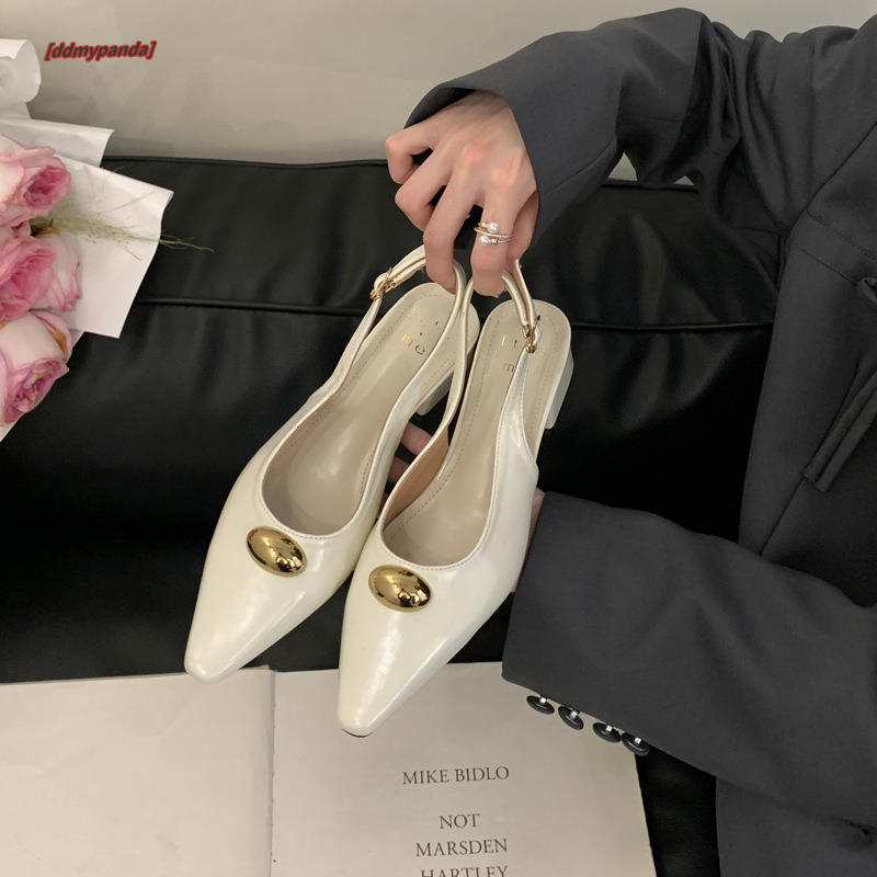 Coarse heeled sandals for women's spring/summer 2025 new item with pointed shallow mouth metal buckle and empty back Mary Jane temperament single