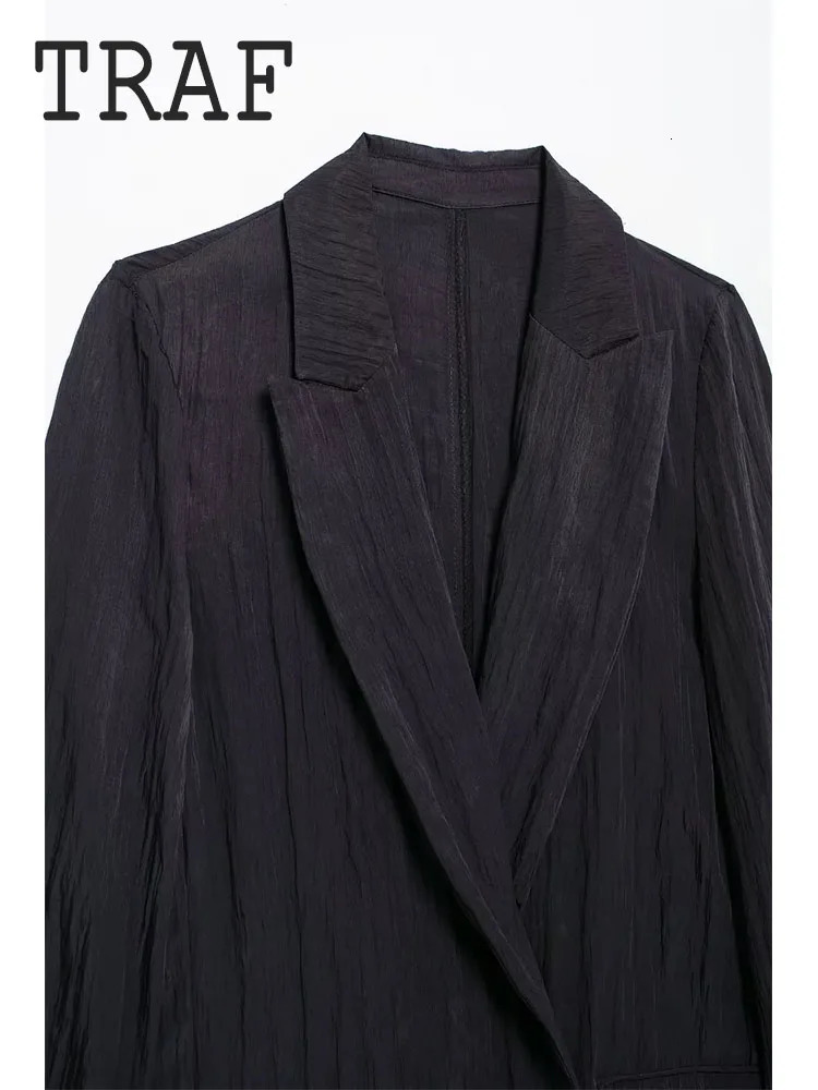 TRAF Dark Womens Two Piece Sets Elastic Waist Wide Leg Pants Set Wrinkle Effect Open Collar Suit Coat Top Elegant 250225