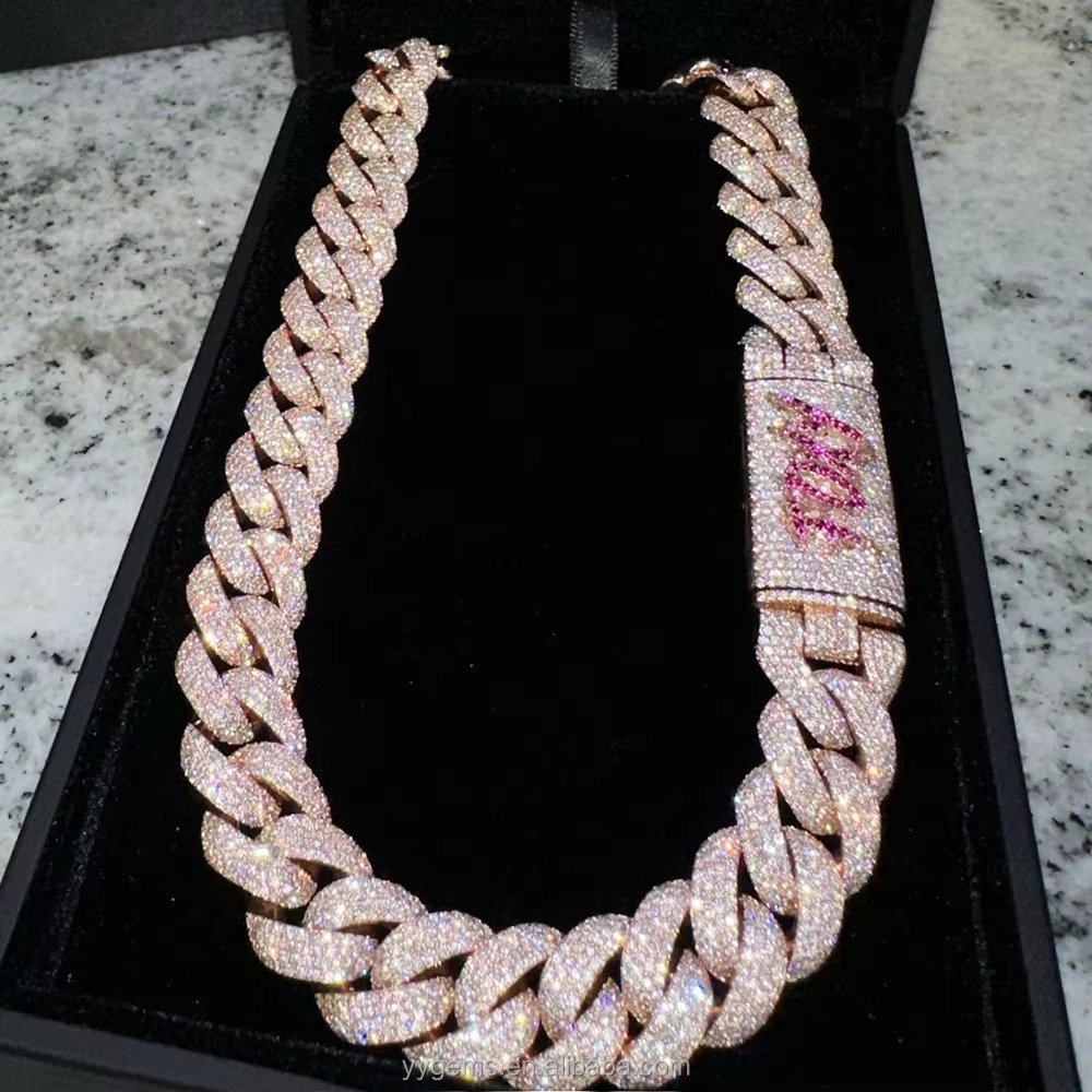 Custom Moissanite Heavy Silver Chain for Men 13mm-22mm Width S925 Solid Rose Gold Plated VVS Moissanite Diamond Cuban Link Chain