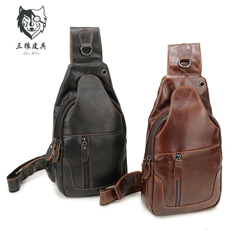 Mens leather chest bag head layer leather chest bag casual style one shoulder bag large capacity 240824