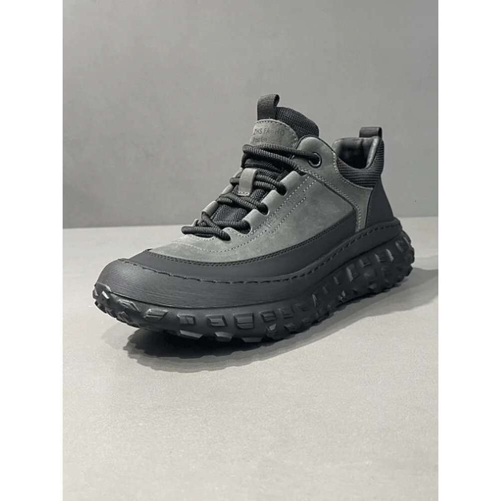 Mens Outdoor Antiskid Running Lace Up Thick Platform Genuine Leather Spliced Joggers Training Athlete Sport Shoes