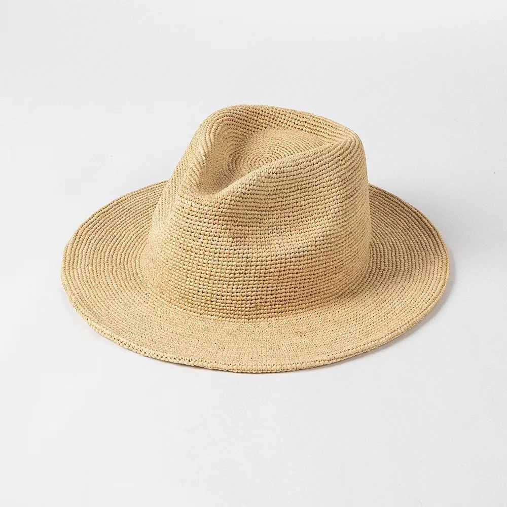 Summer Handmade Raffia Straw Wide Brim Bucket Hats Women Fashion Casual Sun Hat Foldable Flat Top Straw Hats Vacation Beach Hat W250307