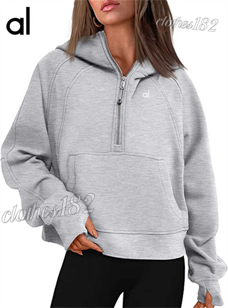 Women's Hoodies Sweatshirts Womens autumn and winter fleece half zip hooded sweatshirt brand hoodie loose fitting short style running sports yoga