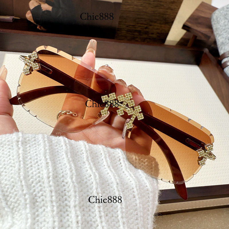 Cross inlaid diamond sunglasses for men, starry sky metal frameless sunglasses, high-end decorative wood grain legs