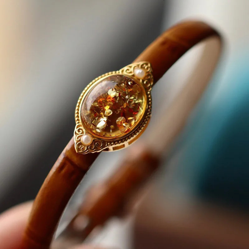 100% Natural Amber Bracelet Sterling 925 Silver Leather Bangle Yellow Gold Gemstone 10*12mm for Women Party Jewelry Gift 250303