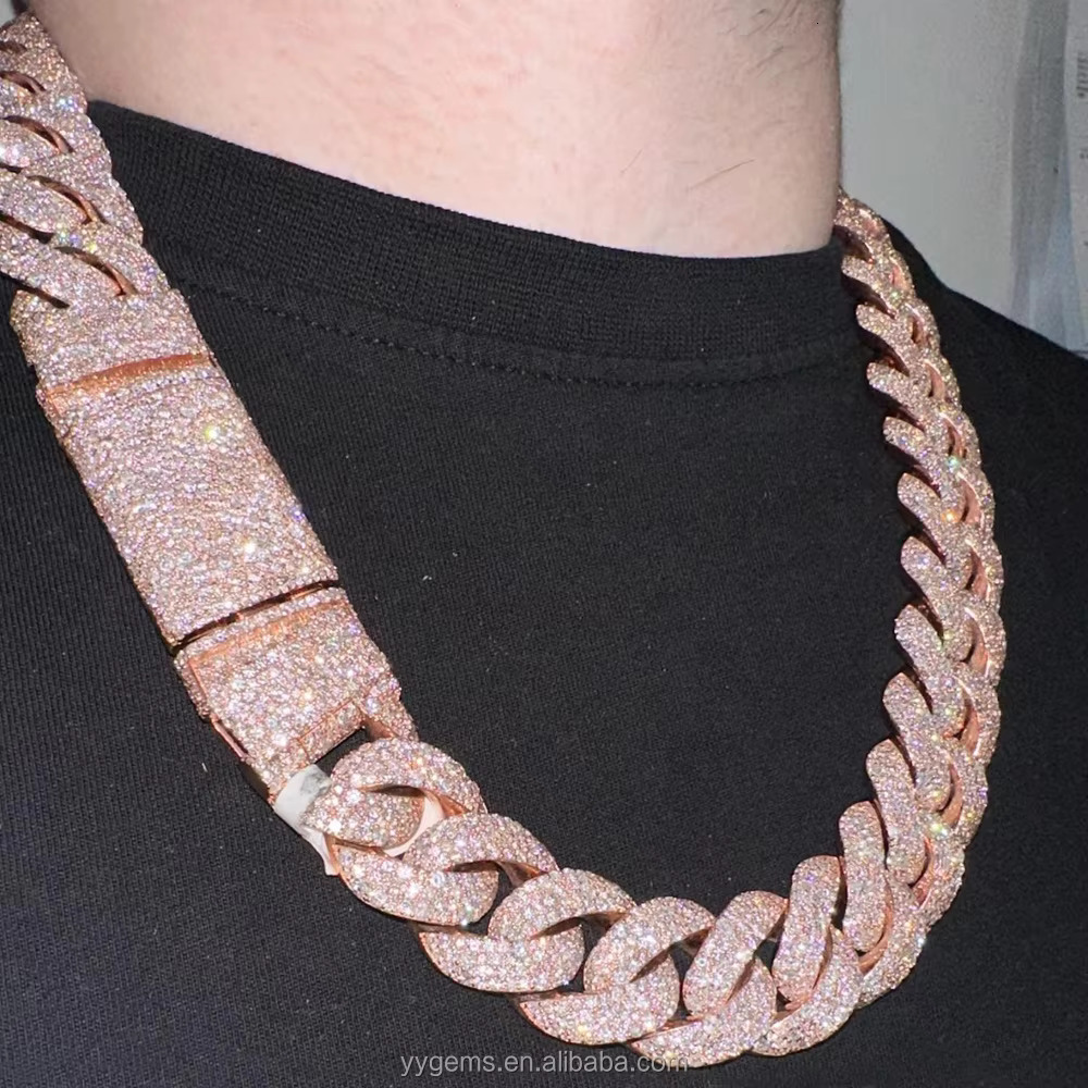 Custom Moissanite Heavy Silver Chain for Men 13mm-22mm Width S925 Solid Rose Gold Plated VVS Moissanite Diamond Cuban Link Chain