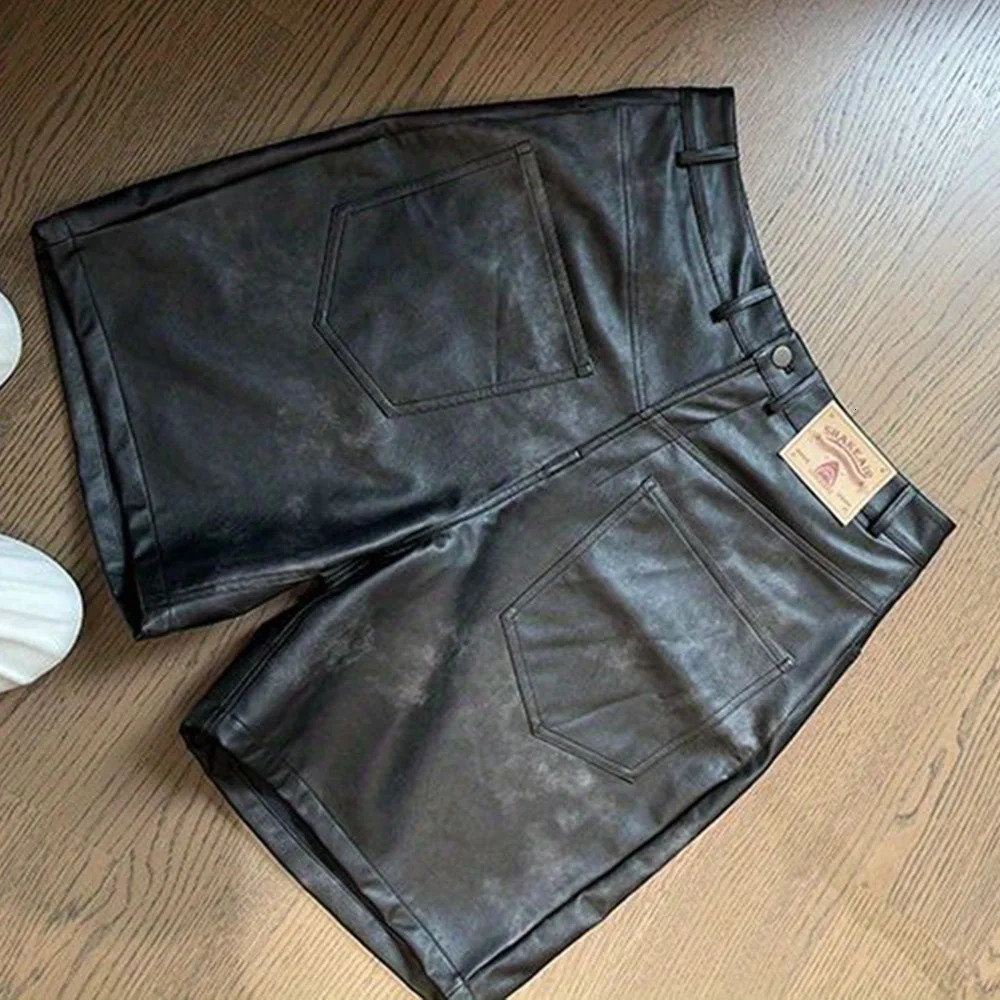 Mens Clothing Y2k Hip-Hop Shorts Summer Fashion Retro Versatile Faded Old Solid Color Pu Leather Reverse Wear Five-Point Shorts 250306