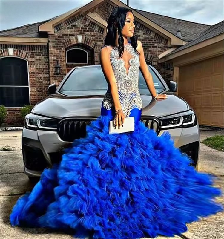 Blue O Neck Long Prom For Black Girls Beaded Crystal Birthday Party Dresses Ruffles Evening Dress 2025 Gowns Customized