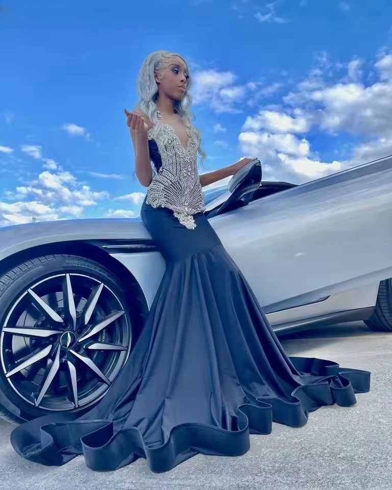 Customized African Mermaid Prom Crystal Rhies Beaded Black Girls Evening Dress Formal Party Gowns