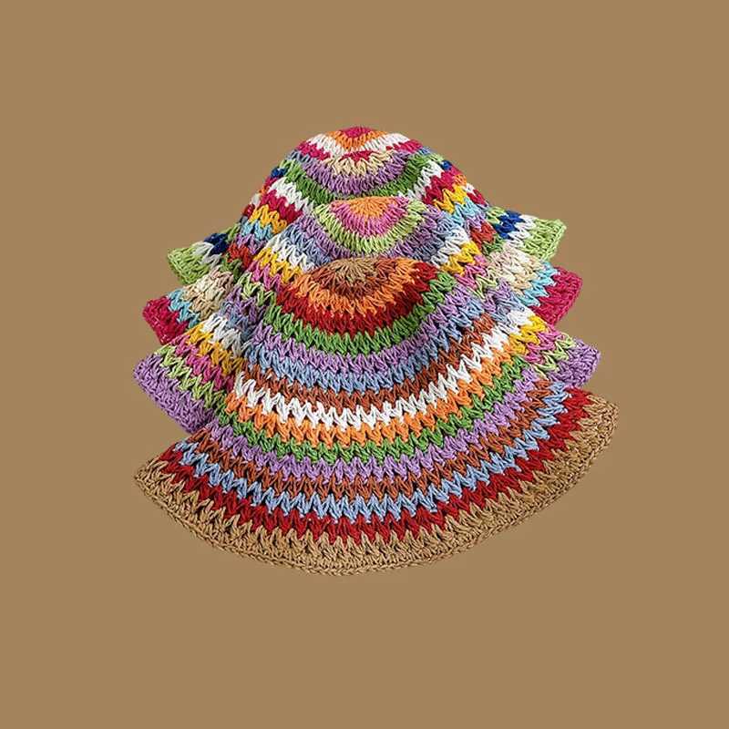 Summer Rainbow Striped Bucket Hat Woman Crochet Beach Fisherman Hat Foldable Handmade Weave Sun Hat Female Panama Wholesale W250307