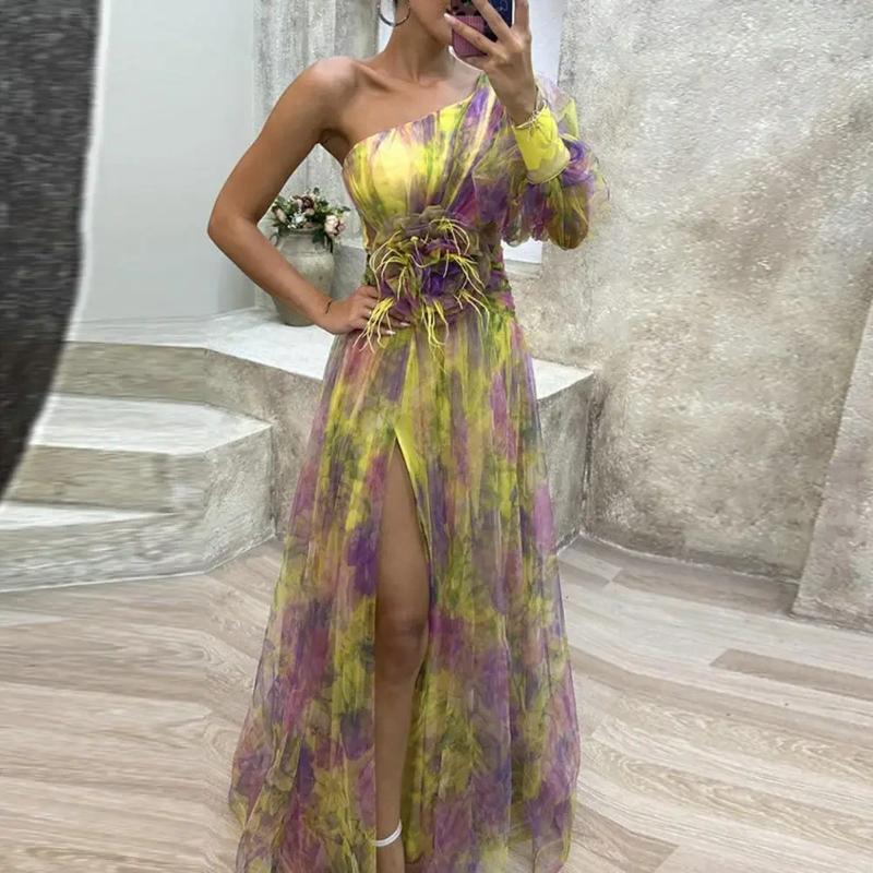Casual Dresses Elegant Formal Party Dress One Shoulder Tie-dye Ball Gown With Mesh Bubble Sleeves Split Hem Women's Evening