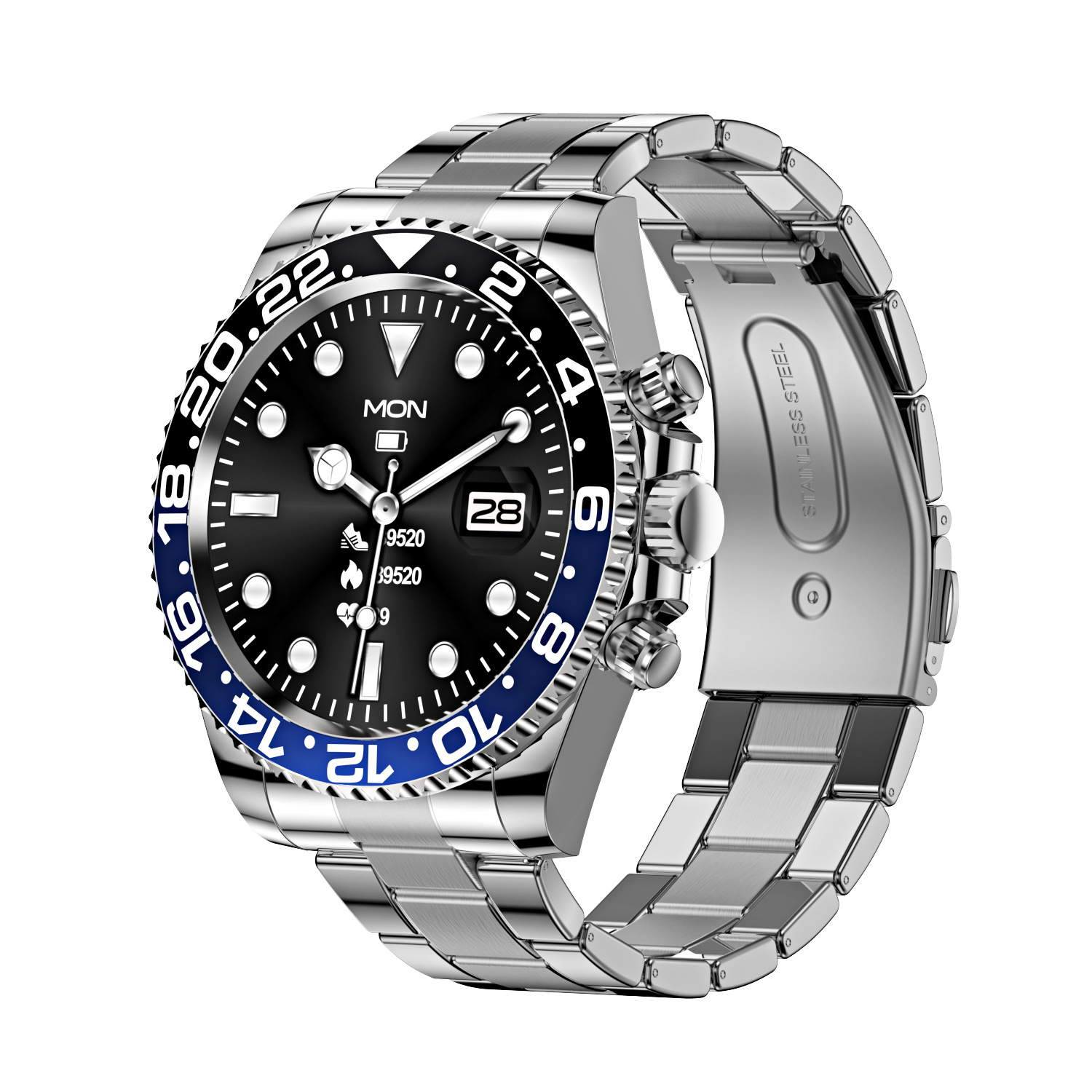 Stainless Steel Smart Sports Watch with Fitness Tracking & Notifications