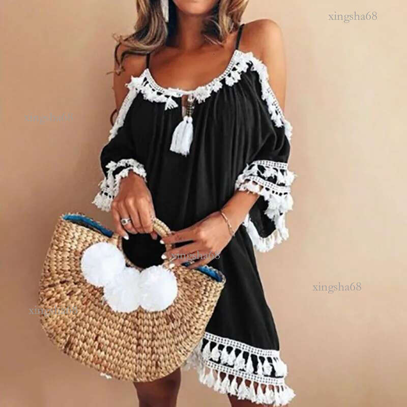 Women White Lace Dress Casual Spaghetti Strap Tassel Patchwork Loose Dress Plus Size XXXL Summer D