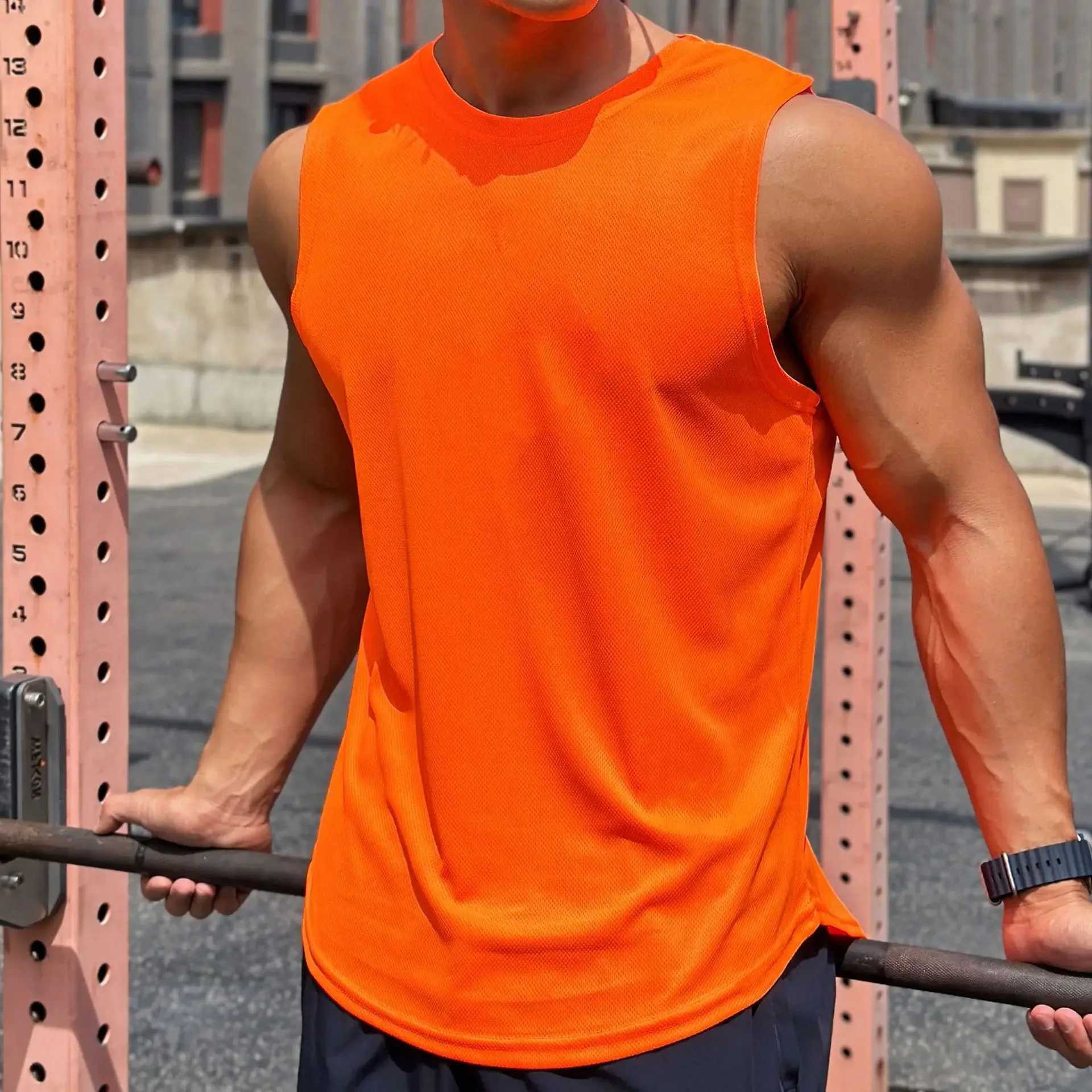 Summer New Trend Mens Pullover Round Neck Mesh Bottom Shirt Sports Fitness Top Sleeveless Vest Quick DryT250318