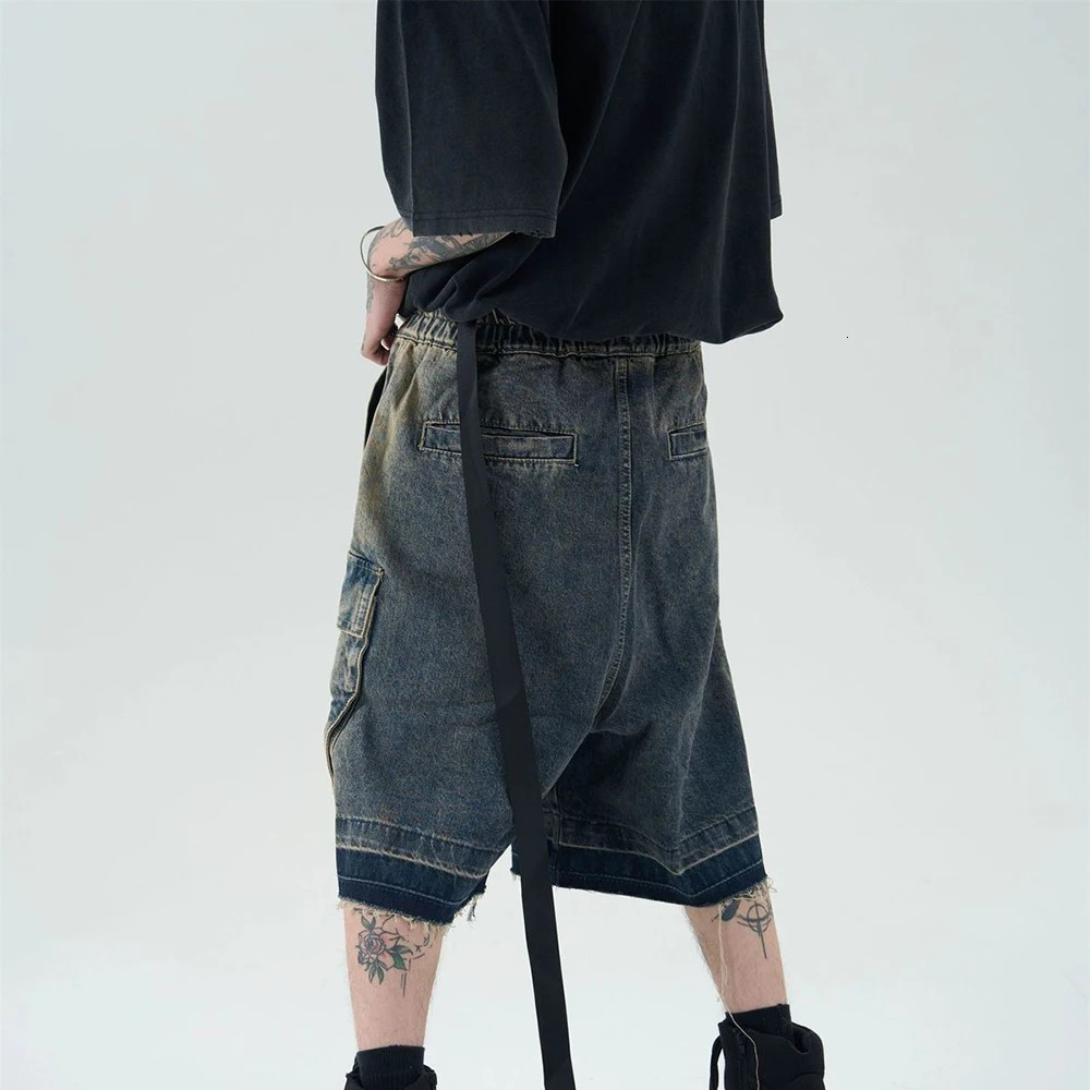 Summer retro blue wide leg brushed denim shorts with washed loose denim mens fashion trend straight Y2k shorts 250306