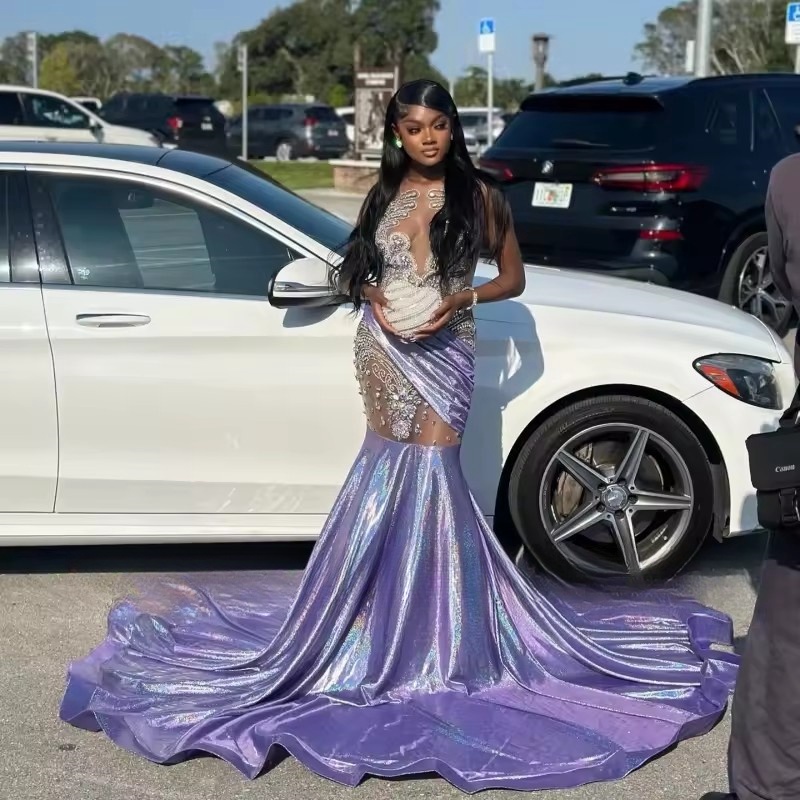Purple O Neck Sequined Mermaid Prom Dresses 2025 For Black Girls Crystal Dia Birthday Gowns Long Party Outfits Customized