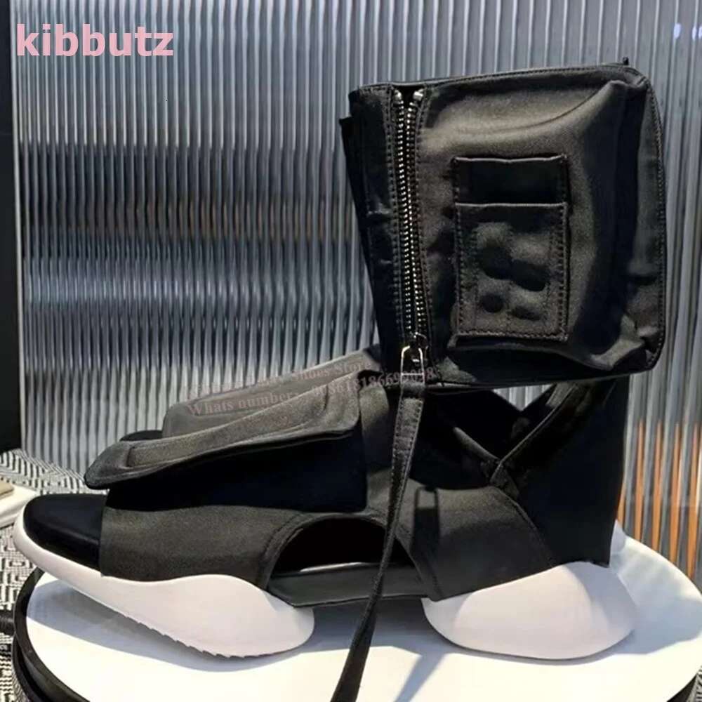 Hook Loop Sandal Boots Open Round Toe Height Increasing Hollow Solid Color Black Fashion Runway Show Novelty Concise Shoes New