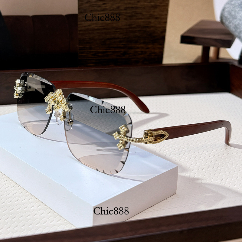 Cross inlaid diamond sunglasses for men, starry sky metal frameless sunglasses, high-end decorative wood grain legs