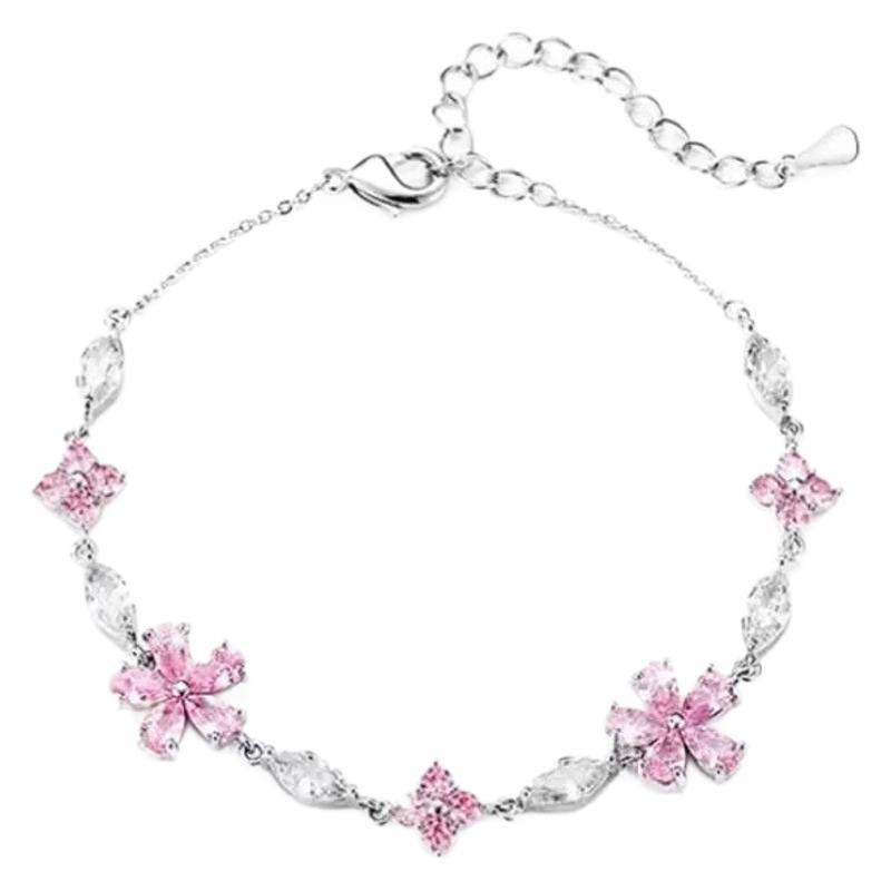 S925 sterling silver pink cherry blossom designer charm bracelet womens sweet sakura flower shine cz zircon crystal diamond clover romantic bracelets jewelry