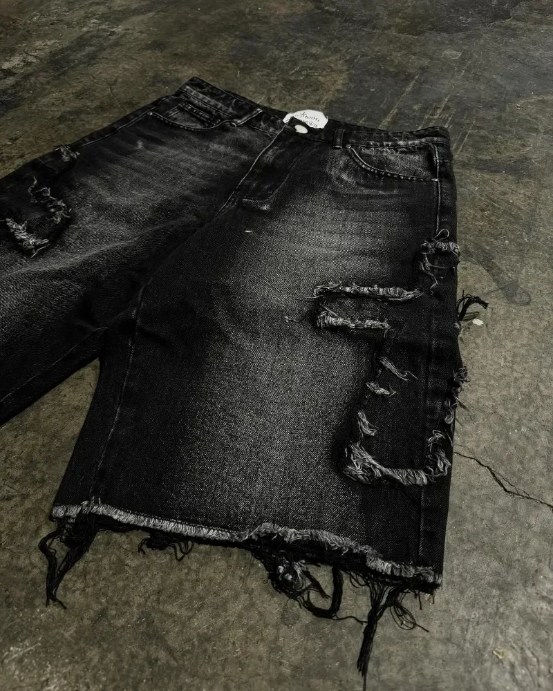 Y2K trend Harajuku Gothic hip-hop retro burr cross embroidery black baggy high waist denim shorts mens and womens jeans 250306