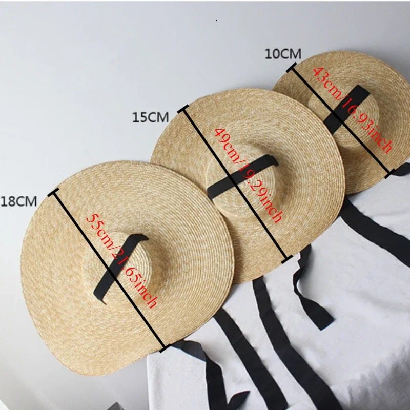 Summer Big Natural Wheat Straw Hats Womens Big Brim Flat Top Visor Sun Hats Fashion Handmad Long Ribbon Lace-Up Beach Hat 250306