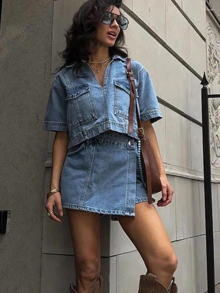 Womens Tracksuits Fashion Flip Pocket Decoration Short Collar Slim Fit Denim Top Asymmetric Skirt 2 Piece Set