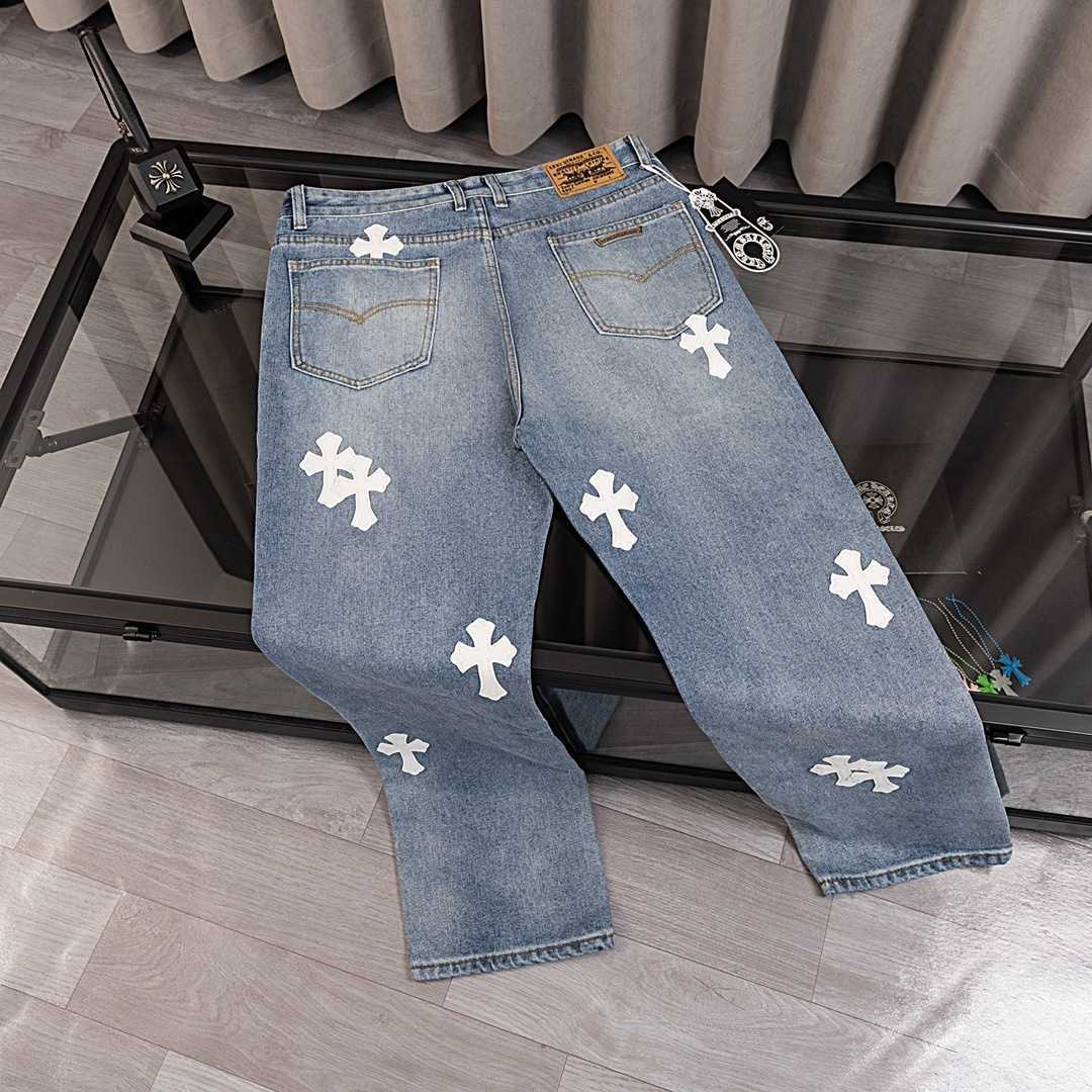 Men's Jeans Croop White Cross Leather Mens and Womens Autumn Straight Cowboy Pants H250306