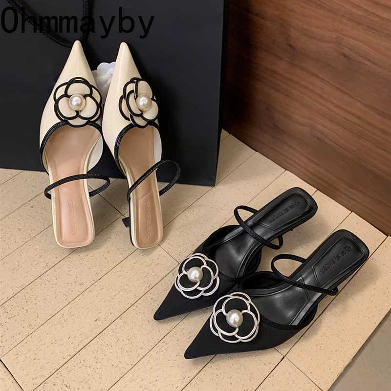 Designer Slip White Knife Slippers Shoes Five Pointed Toe wer Slides Elegant Street Style High Heel Sandals Y250306