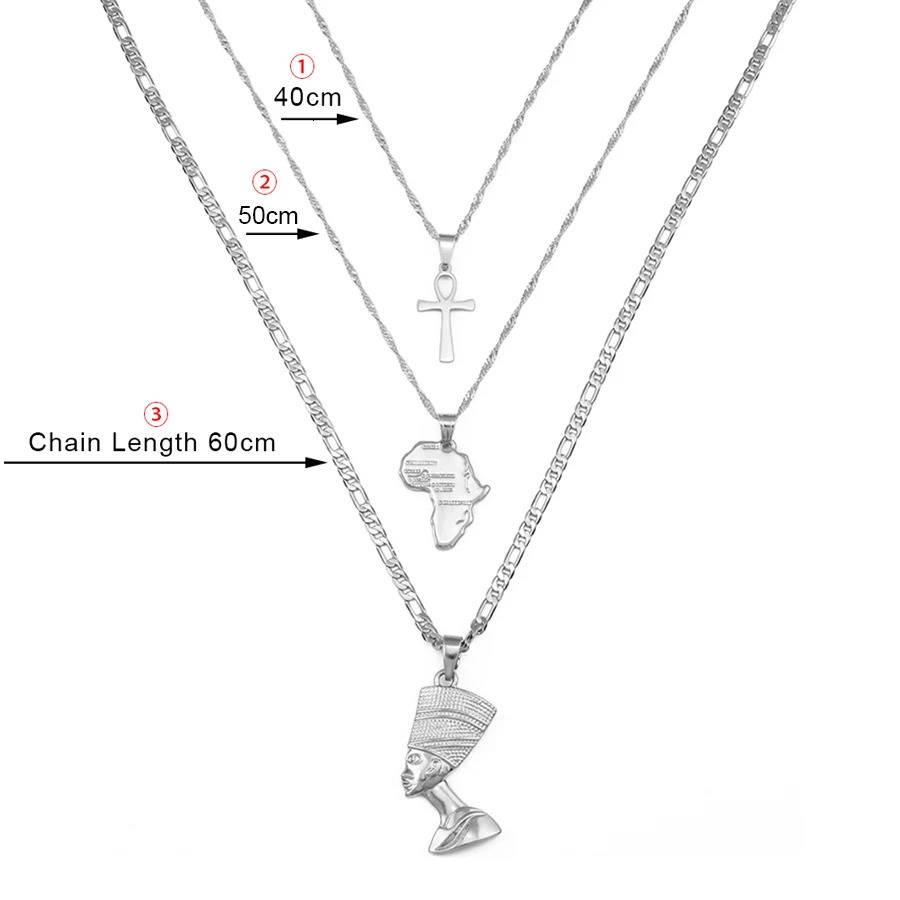 Anniyo 3pcs Necklaces Together Ankh Nefertiti Africa Map Pendant Gold/Silver Color Birthday Party Ethnic Jewelry Women #2406 250227