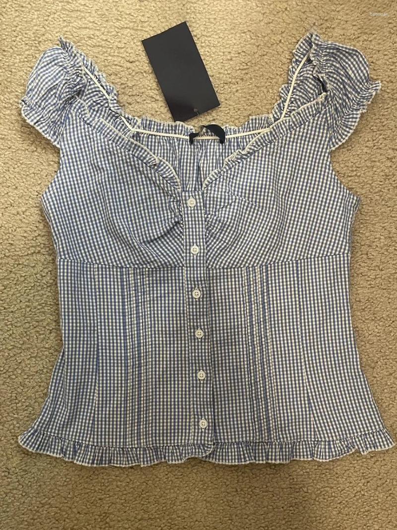 Womens Tracksuits Blue Plaid Buttons T-shirt Shorts Set Summer Ruffle Slim Tees Straight Sweatshorts Sweet Cotton Pajama 2 Piece Sets Woman