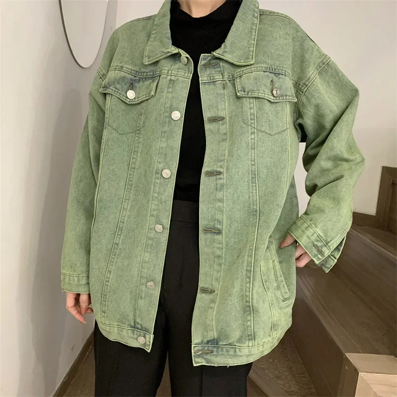 2025 Korea Green Wash Denim Jacket Womens Harajuku Loose Jeans Street Fashion Button 250226