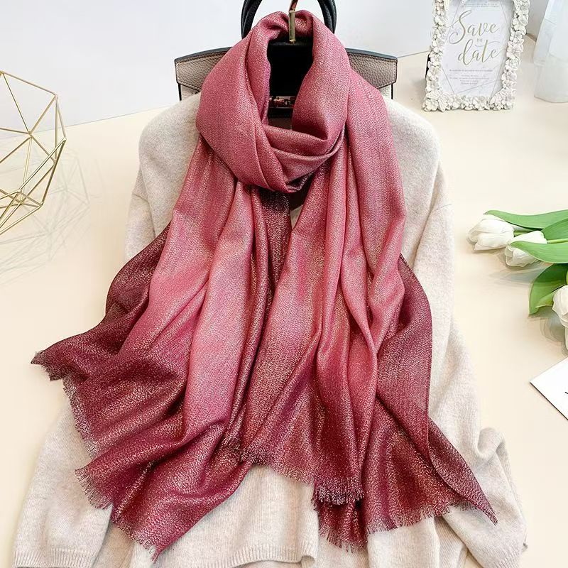 T240 simple spring and autumn new gradient scarf female fashion warm long scarf gold and silver silk tassel neck scarf