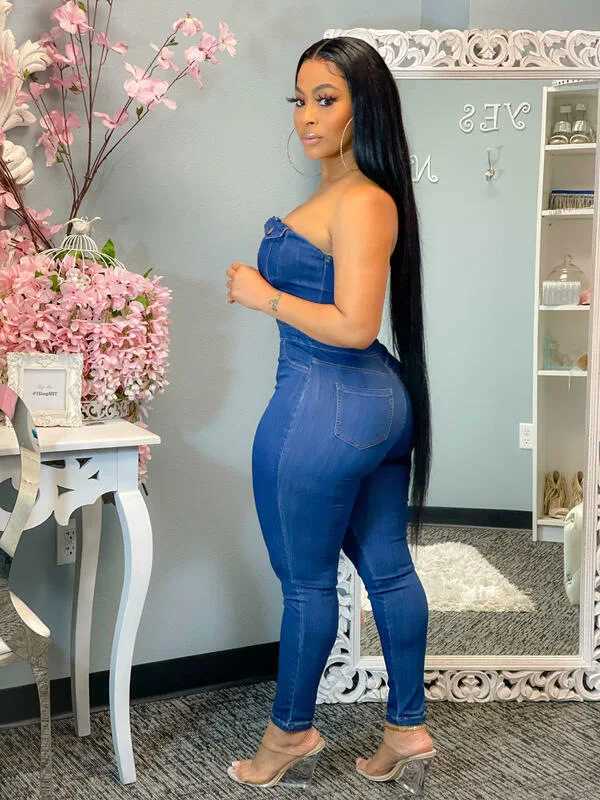 Summer Denim Stretch Jumpsuit Sexy Women Strapless Bodycon Blue Jeans Casual Overalls RompersXJ250307