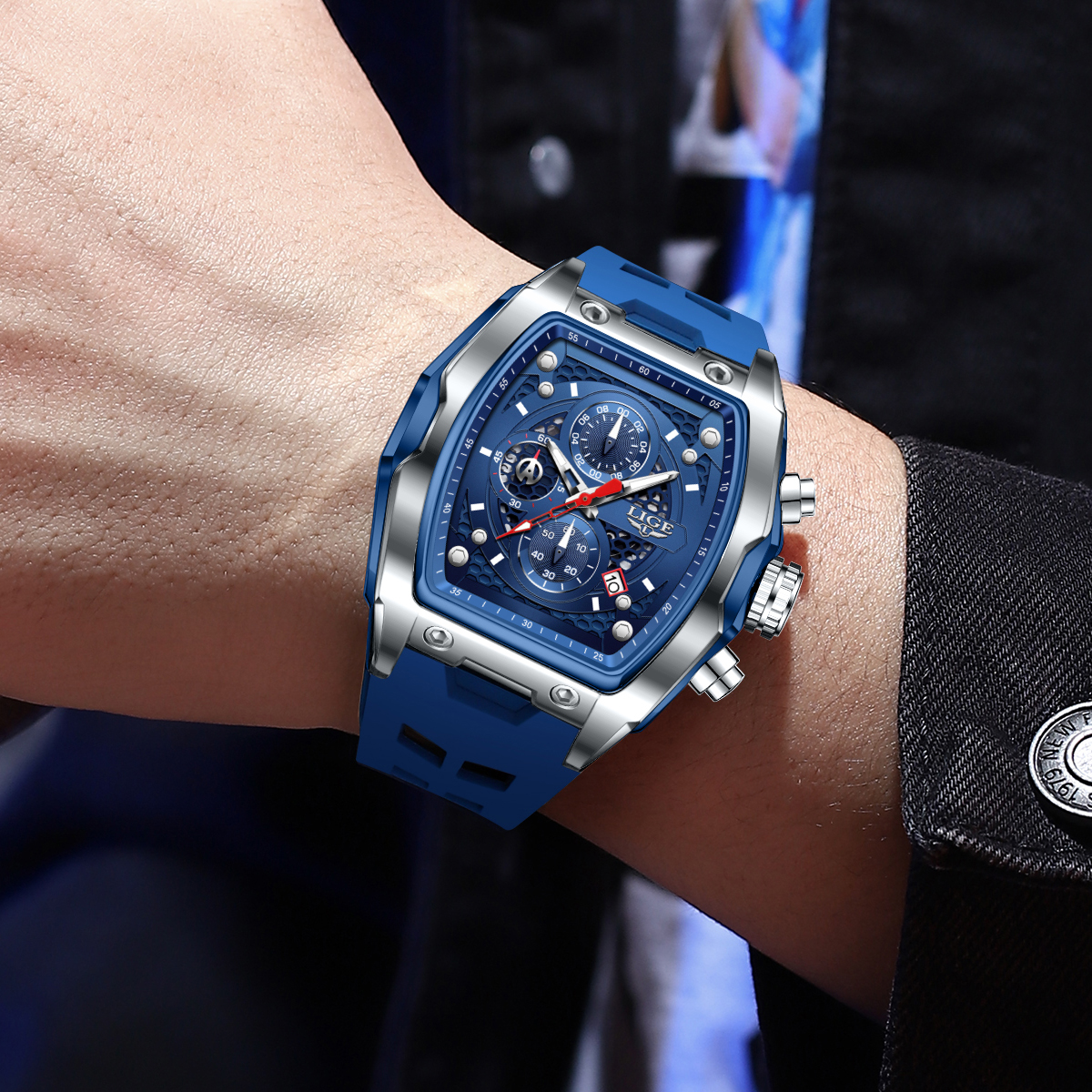 LIGE brand sports style wine barrel men's watch curved mirror hollowed out men's calendar quartz watch multifunctional waterproof watch