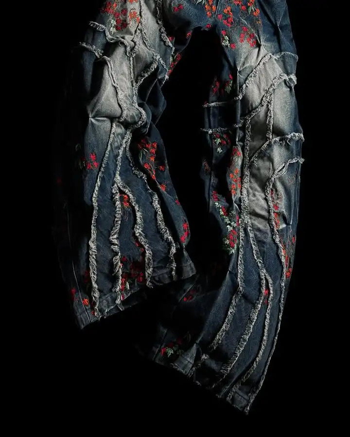 Vintage heavy-duty jeans Y2K mens cherry blossom embroidery retro open collar embroidery retro blue pocket jeans low waist wide Trouser 250306