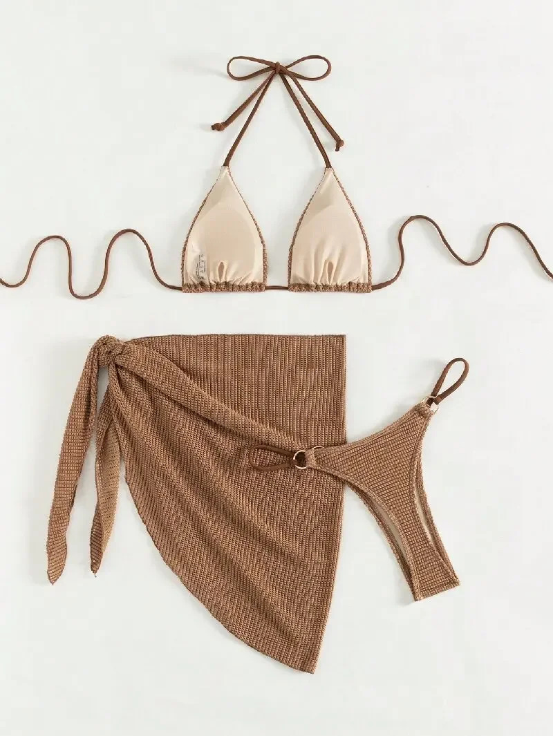 Sexy Brown Bikini Set Women Halter Push Up Bra Skirt 3 Piece Swimsuit Summer Bathing Suit Cover Thong Swimwear Biquini 250306