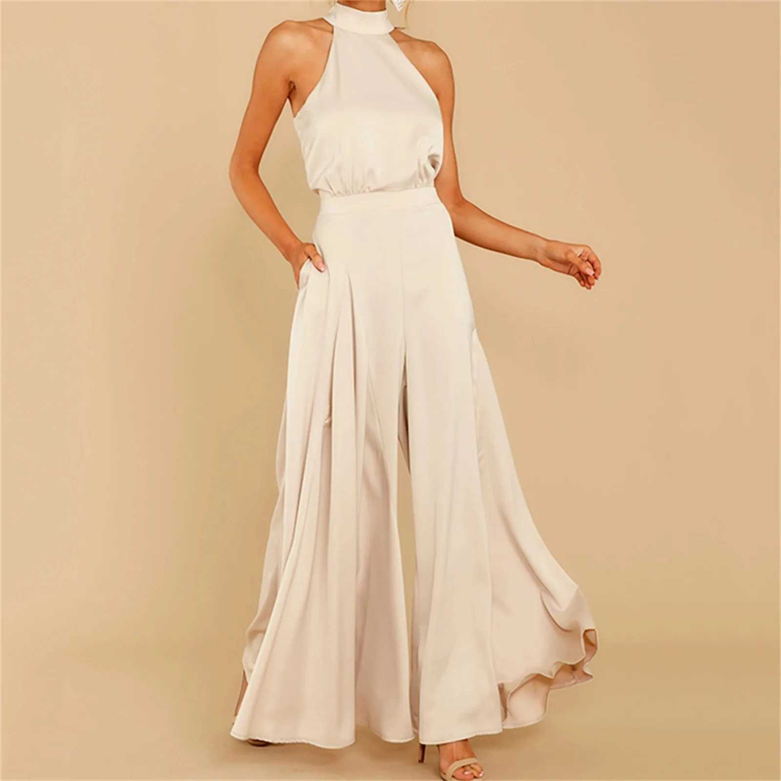 Womens Neck Tie Back Jumpsuit Solid Color Women Full Length Large Leg Loose Pants Casual One Piece Sling Long TrousersXJ250307