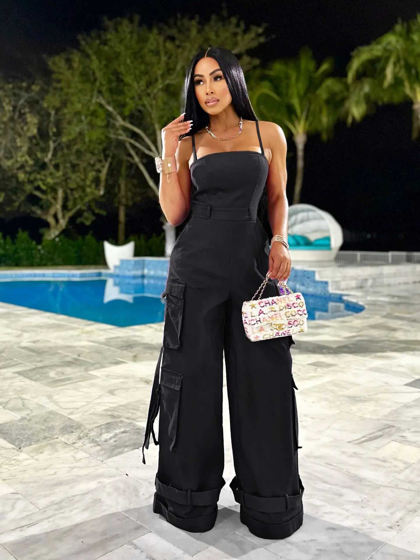 lti Pockets Wide Leg Cargo Jumpsuit Sexy Women Spaghetti Strap Ele Streetwear Casual Overalls RomperXJ250307