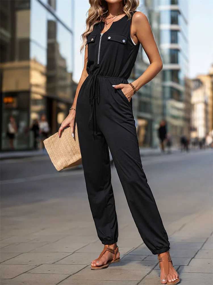 Europe and the United States spring and summer sveless zip-up V-neck jumpsuit pocket high-waisted cargo jumpsuit pantsXJ250307