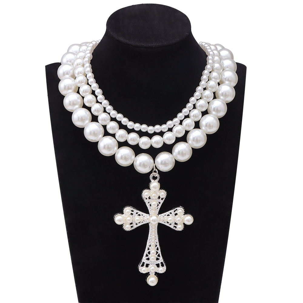 Cross necklace set of personalized beads stacked wear collarbone chain necklace jewelry in Europe and the United States exaggerated punk pearl jewelry