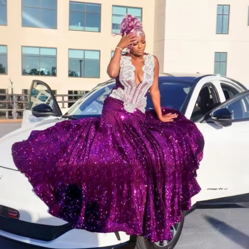 Purple Sequins Mermaid Prom Dresses For Black Girls 2025 Long Applique Beaded Formal Birthday Party Gowns Customized