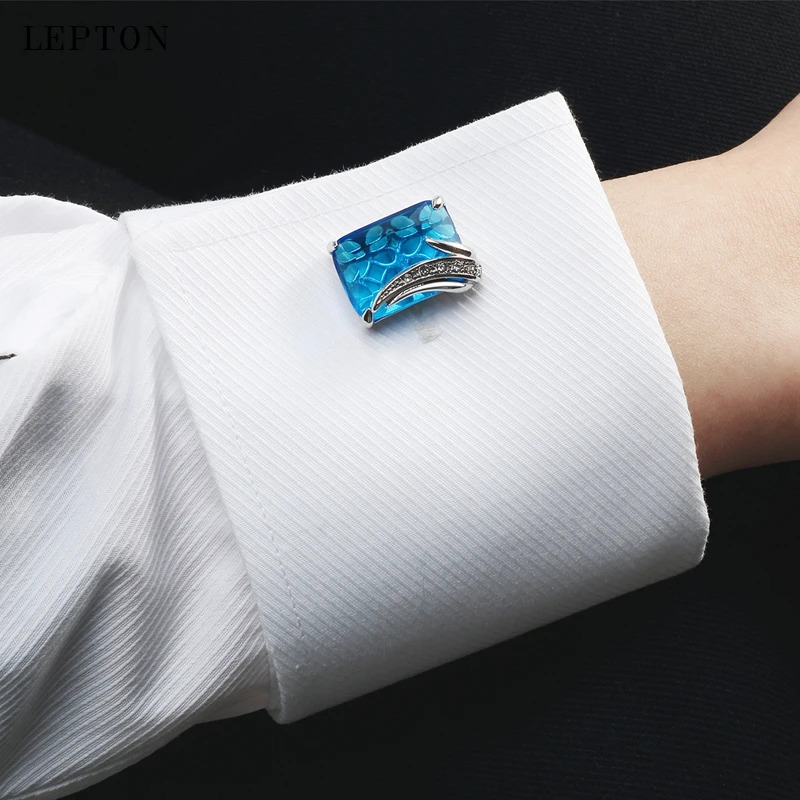 Low-key Blue Glass Cufflinks for Mens Lepton High Quality Square Crystal Cufflinks Shirt Cuff Links Relojes Gemelos 250227