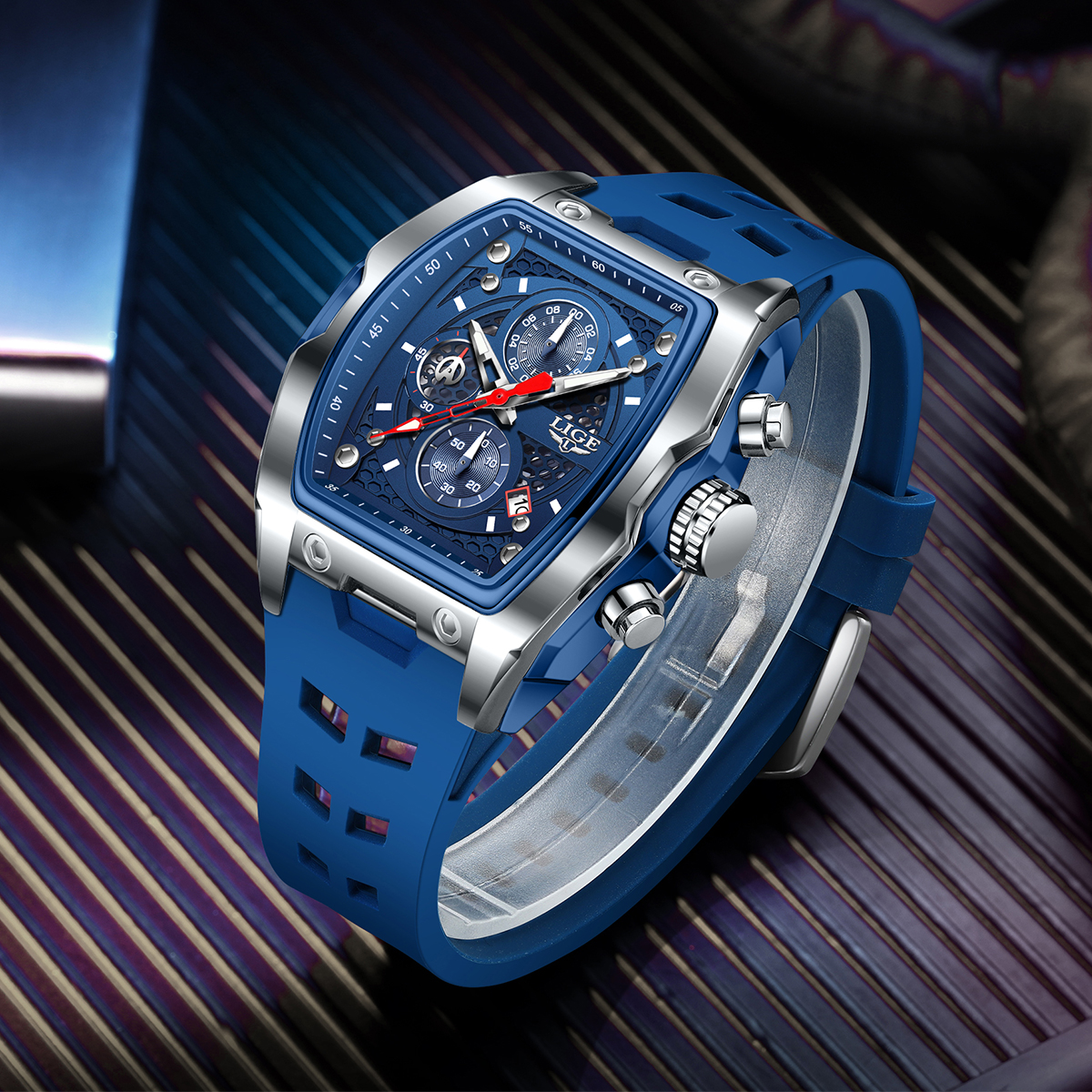 LIGE brand sports style wine barrel men's watch curved mirror hollowed out men's calendar quartz watch multifunctional waterproof watch
