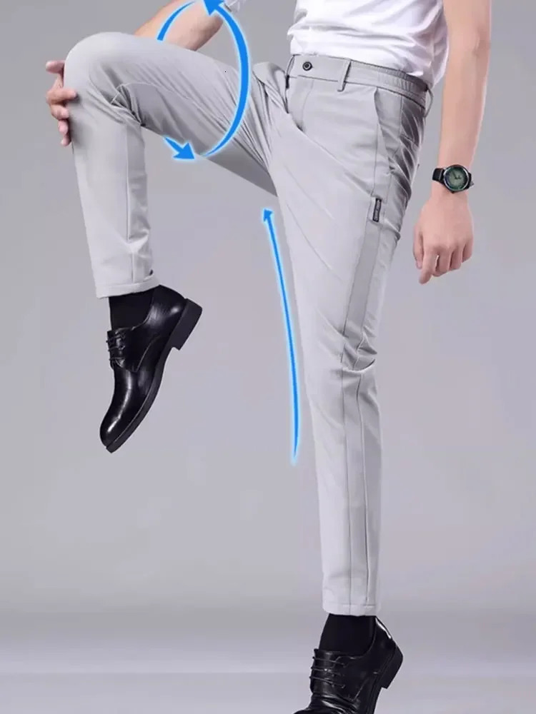 Mens casual pants semi elastic waistband nylon ice silver elastic straight tube light gray business gentleman summer casual y250305