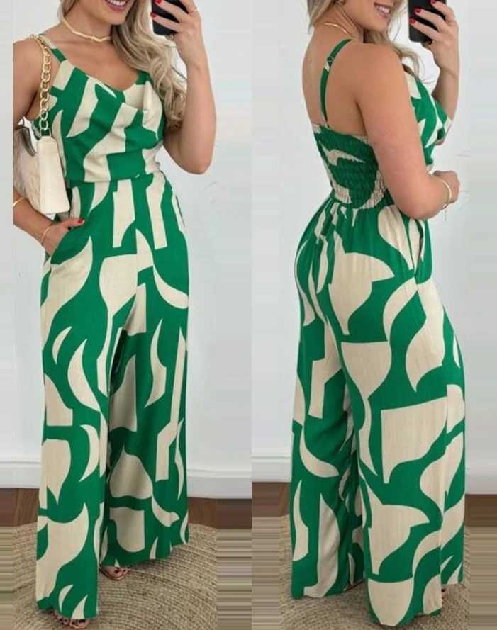 Casual Overall Spaghetti Strap Pocket All Over Print Swing Collar Sveless Allover Print High Waist Wide Leg Loose JumpsuitXJ250307