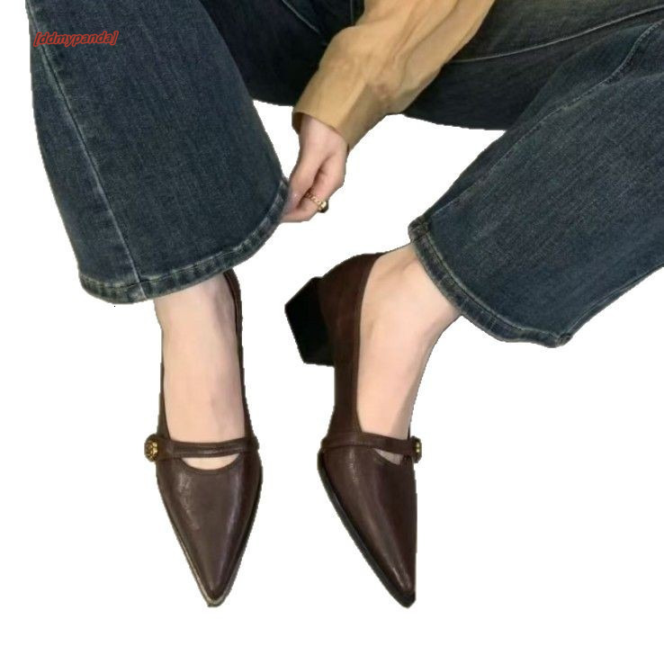 Sharp pointed flat belt shallow mouth small leather women's Spring and Autumn French exquisite versatile thick mid heel fashion single shoes #ddm