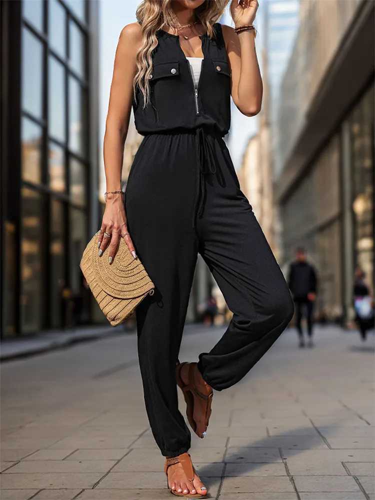 Europe and the United States spring and summer sveless zip-up V-neck jumpsuit pocket high-waisted cargo jumpsuit pantsXJ250307