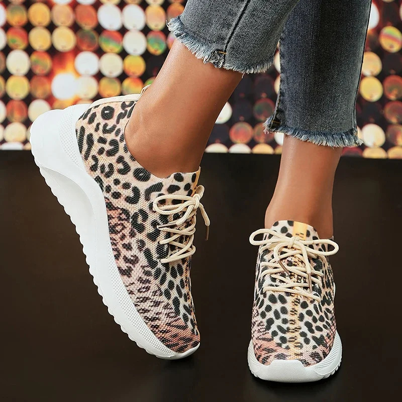 Fashion Leopard Knitted Sneakers for Women Autumn Slip On Walking Shoes Woman Lightweight Casual Sport Sneakers Plus Size 250306