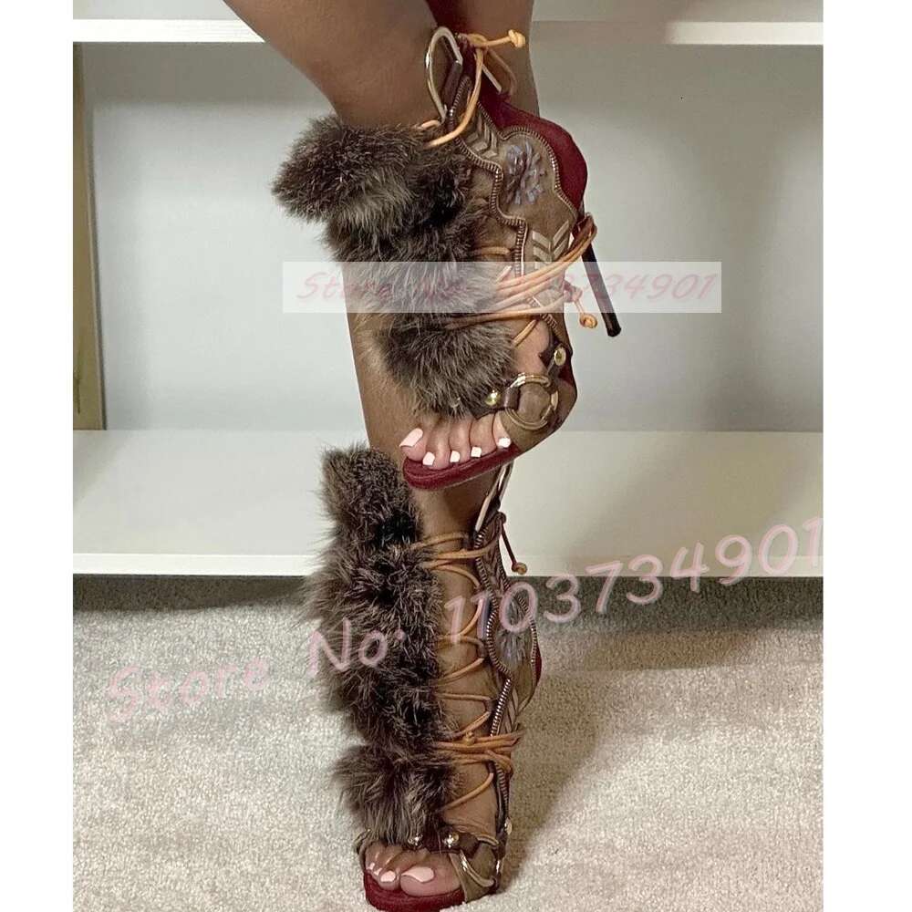 Open-toe Strappy Fur Women Vintage Color-block Suede Print High hot Heels Shoes Ladies Fashion Catwalk Party Novelty Sandals