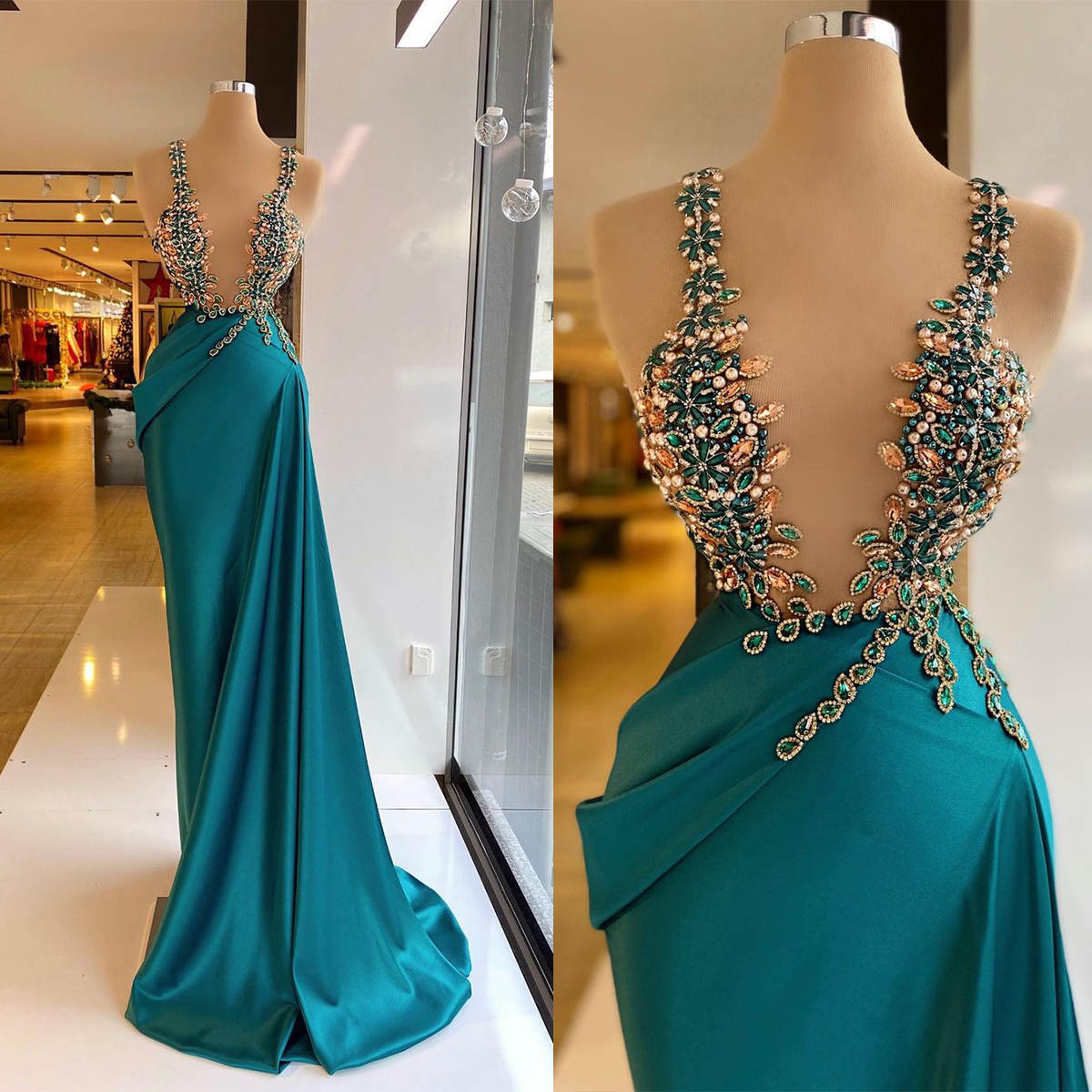 Evening Dresses For Women Sheer Neck Sleeveless Gown Crystal Beaded Sweep Train Party Customized Dress